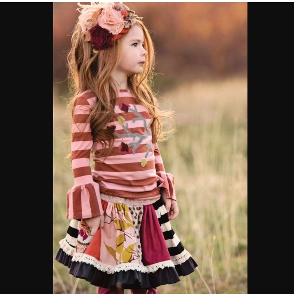 Persnickety Autumn Splendor Ruffle Sleeve Tee Brown Pink Stripe Applique… - Picture 11 of 11